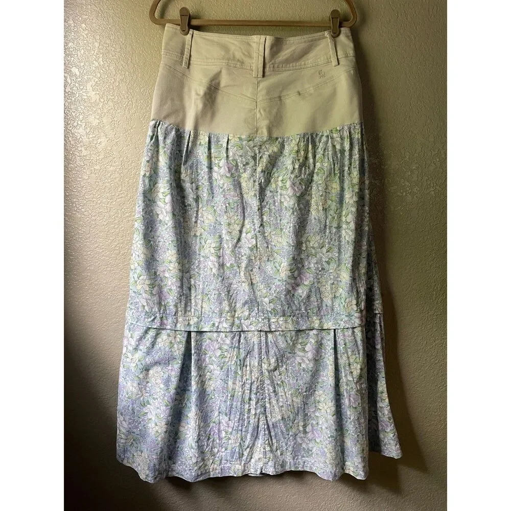 Tommy Hilfiger Womens 10 Khaki Floral Tiered Maxi Skirt Modest Western Prairie